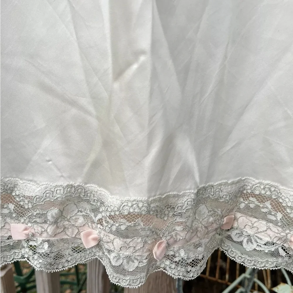 Alice Maloof Cream Half Slip Sz M Lace Pink Bow Vintage 70s 80s Slinky Satin - Picture 3 of 6